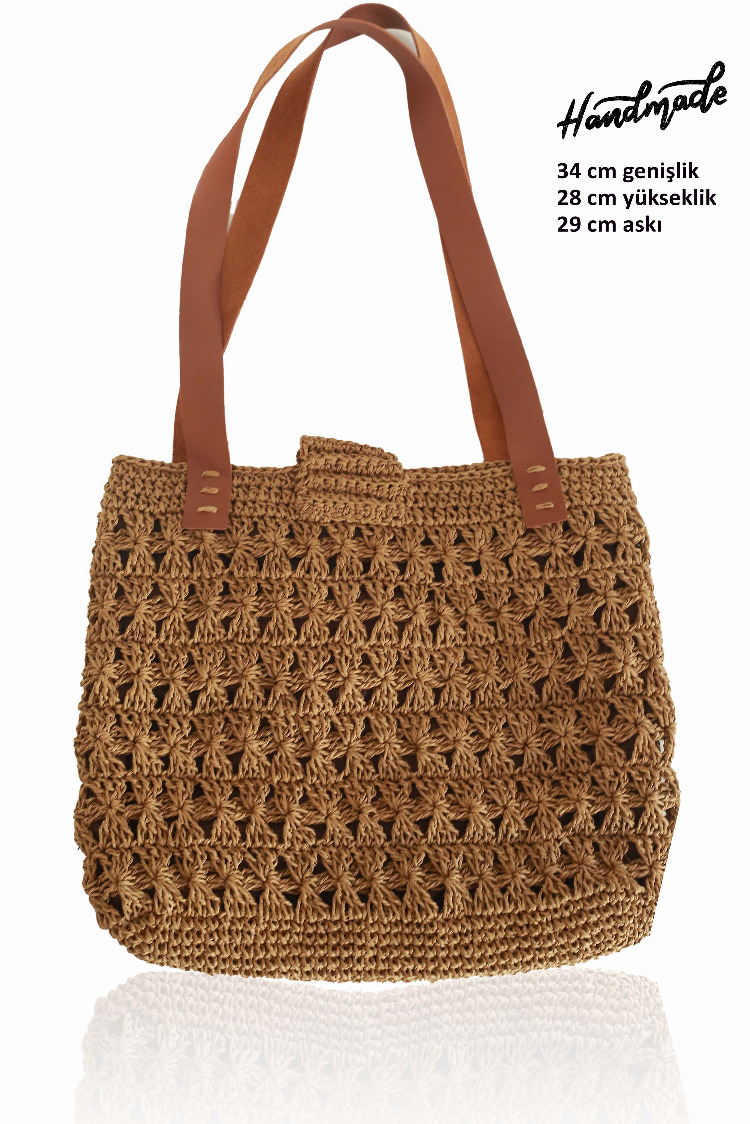Taba Hasır Örgü Omuz Çantası Deri Askılı | Tan Woven Straw Shoulder Bag Leather Handles