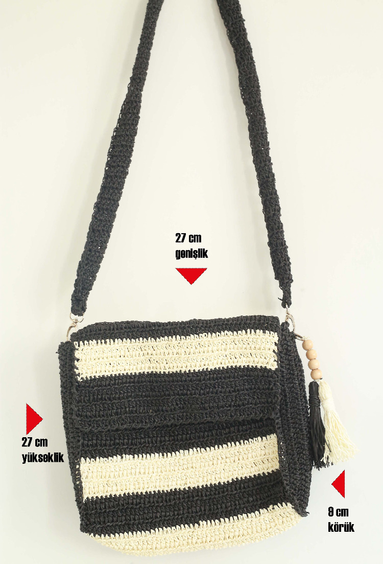 El Yapımı Siyah Çizgili Örgü Omuz Çantası | Handmade Black Striped Crochet Bag