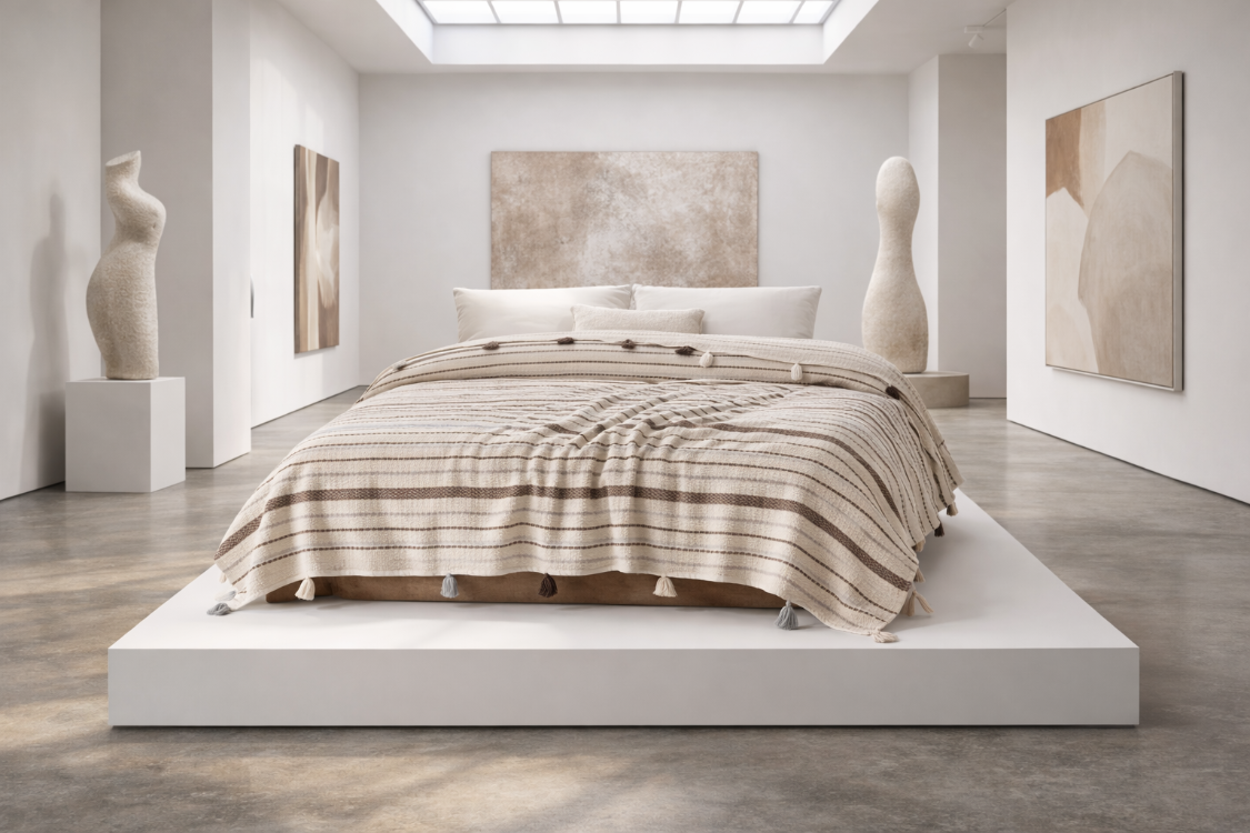 Pamuklu Çift Kişilik Pike ve Yatak Örtüsü - 220X240 cm Dokuma, Ponponlu - Vizon