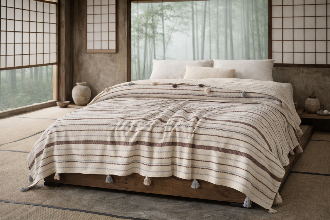 Pamuklu Çift Kişilik Pike ve Yatak Örtüsü - 220X240 cm Dokuma, Ponponlu - Vizon
