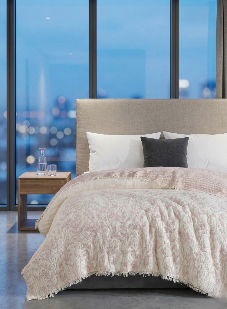 Jakarlı Müslin Yatak Örtüsü-Çift Kişilik PIKE-%100 PAMUK-230X250 cm - VANİLYA