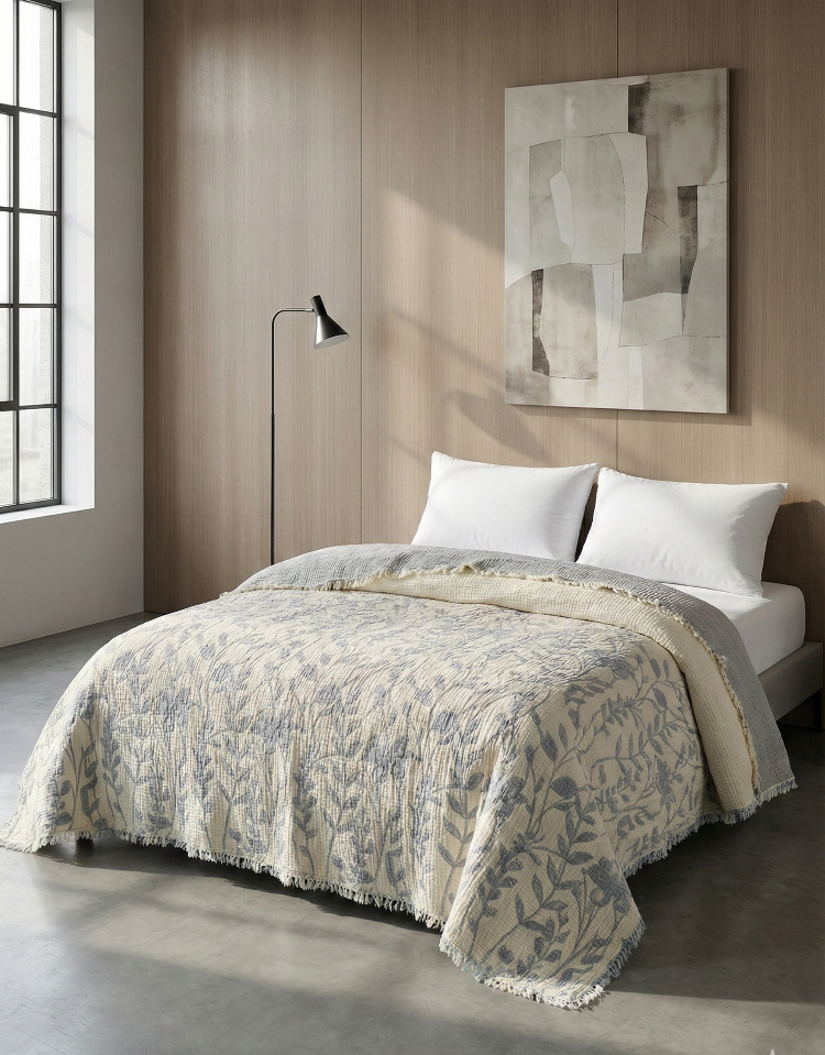 Jakarlı Müslin Yatak Örtüsü-Çift Kişilik PIKE-%100 PAMUK-230X250 cm - GRİ