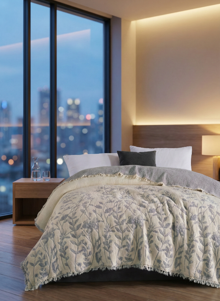 Jakarlı Müslin Yatak Örtüsü-Çift Kişilik PIKE-%100 PAMUK-230X250 cm - GRİ