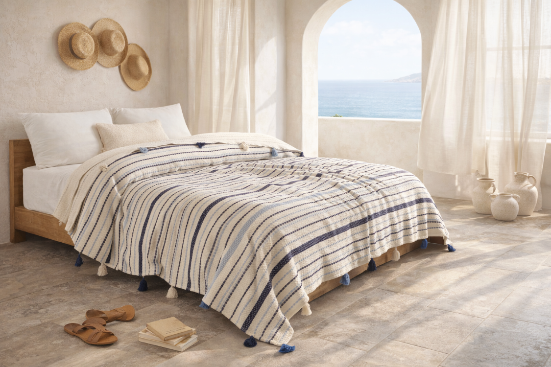 Pamuklu Çift Kişilik Pike ve Yatak Örtüsü - 220X240 cm Dokuma, Ponponlu - Vizon