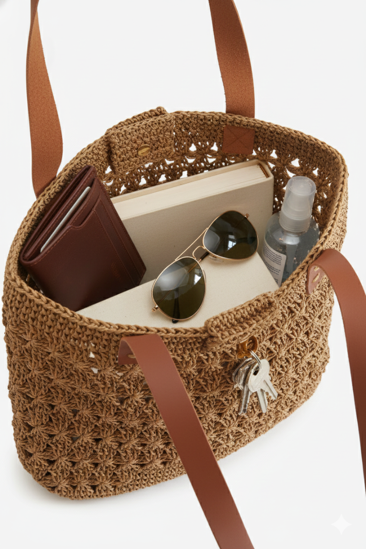 Taba Hasır Örgü Omuz Çantası Deri Askılı | Tan Woven Straw Shoulder Bag Leather Handles