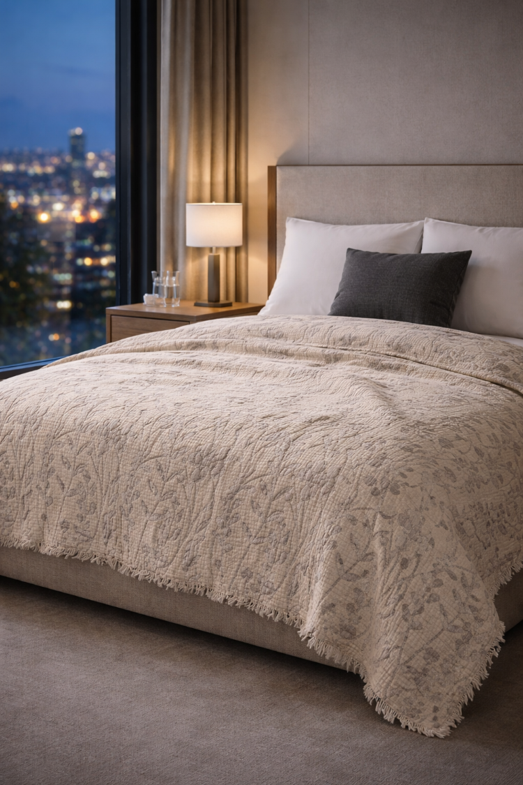 Jakarlı Müslin Yatak Örtüsü-Çift Kişilik PIKE-%100 PAMUK-230X250 cm - VİZON