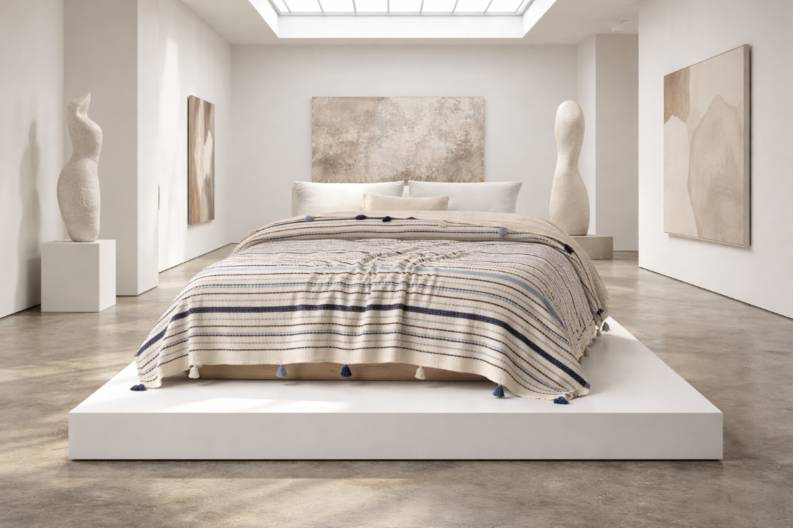 Pamuklu Çift Kişilik Pike ve Yatak Örtüsü - 220X240 cm Dokuma, Ponponlu - Buzul Mavisi
