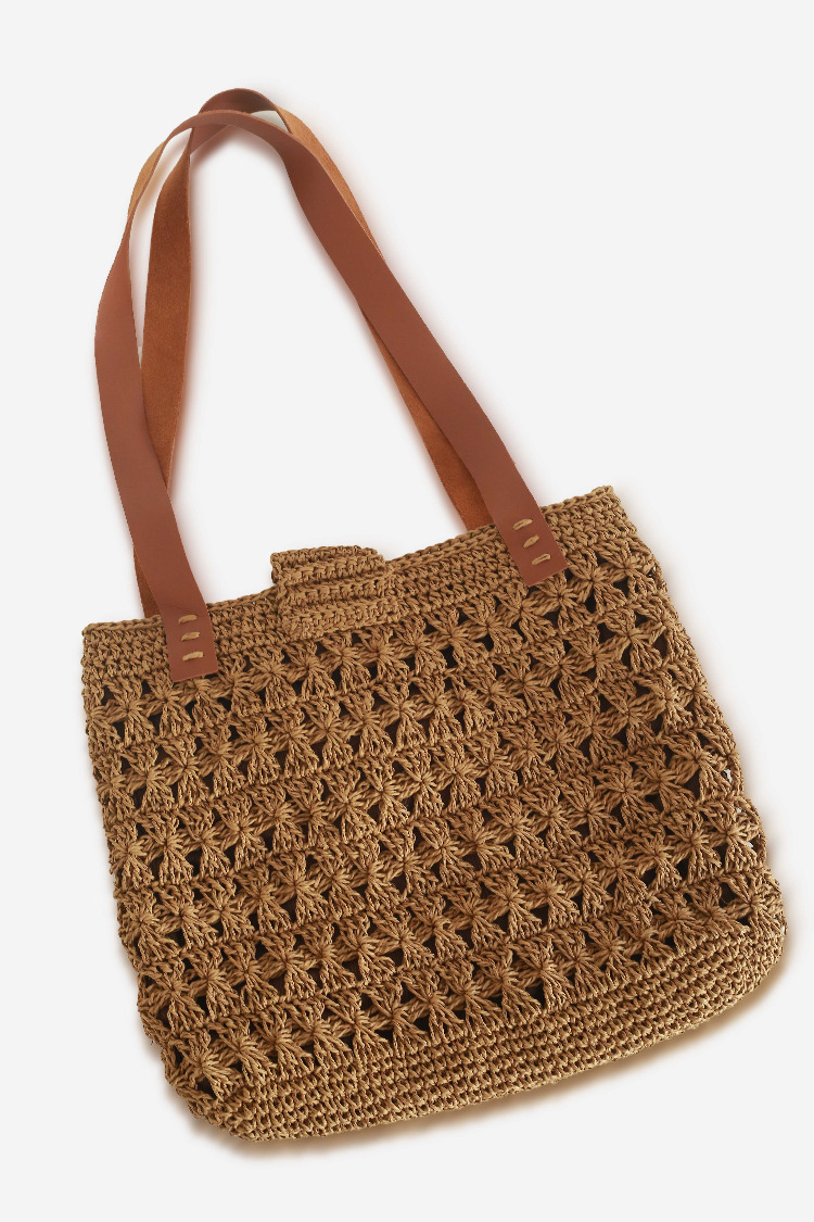 Taba Hasır Örgü Omuz Çantası Deri Askılı | Tan Woven Straw Shoulder Bag Leather Handles