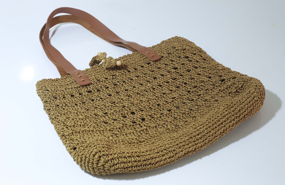 Haki Yeşil Deri Saplı Örgü Tote Çanta | Olive Green Crochet Tote Bag Leather Handles