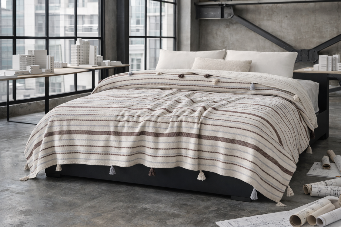 Pamuklu Çift Kişilik Pike ve Yatak Örtüsü - 220X240 cm Dokuma, Ponponlu - Vizon