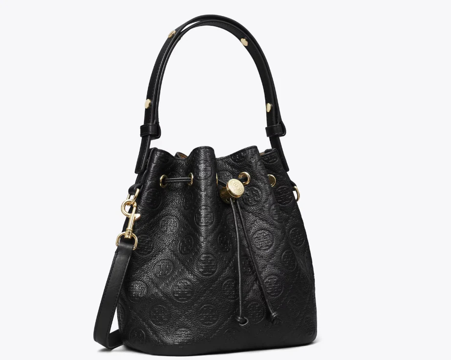 TORY BURCH T MONOGRAM PEBBLED BUCKET BAG-BLACK