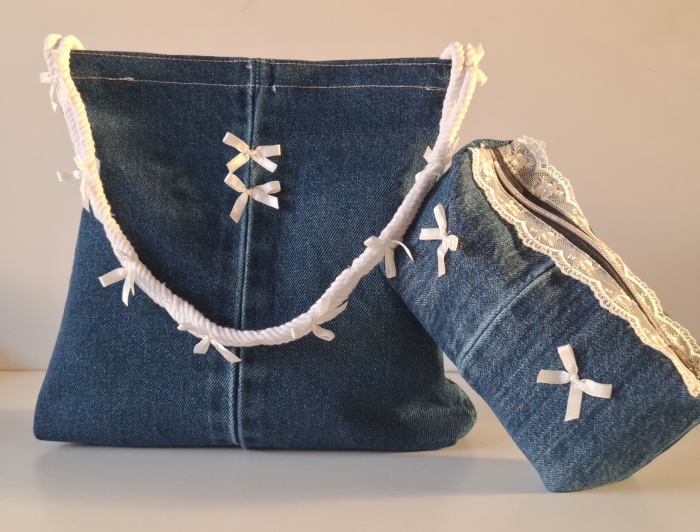 CINY Denim Dantelli ve Fiyonklu Pinterest Makyaj Çantası TB041