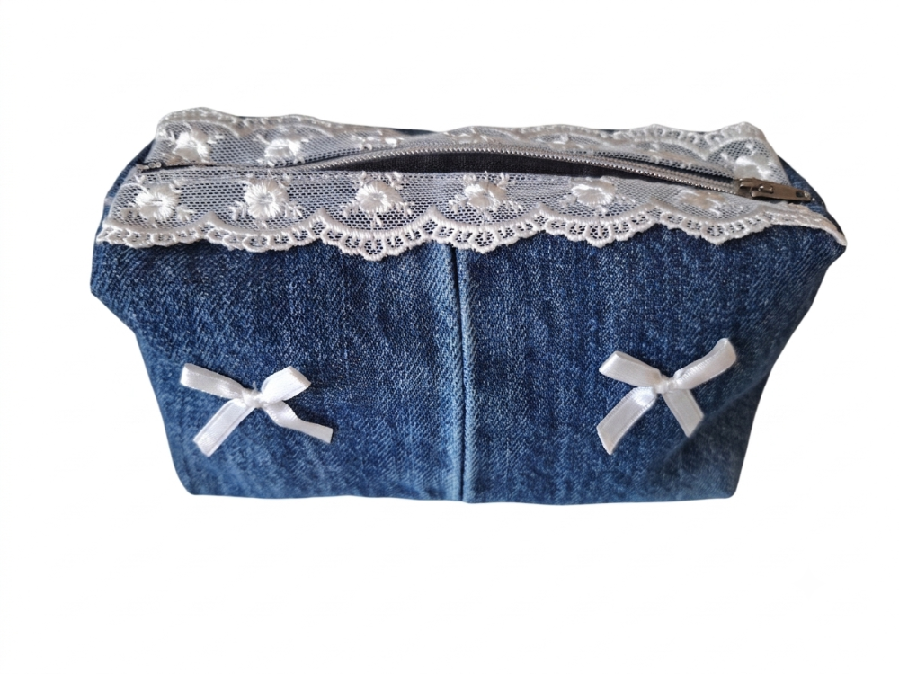 CINY Denim Dantelli ve Fiyonklu Pinterest Makyaj Çantası TB041
