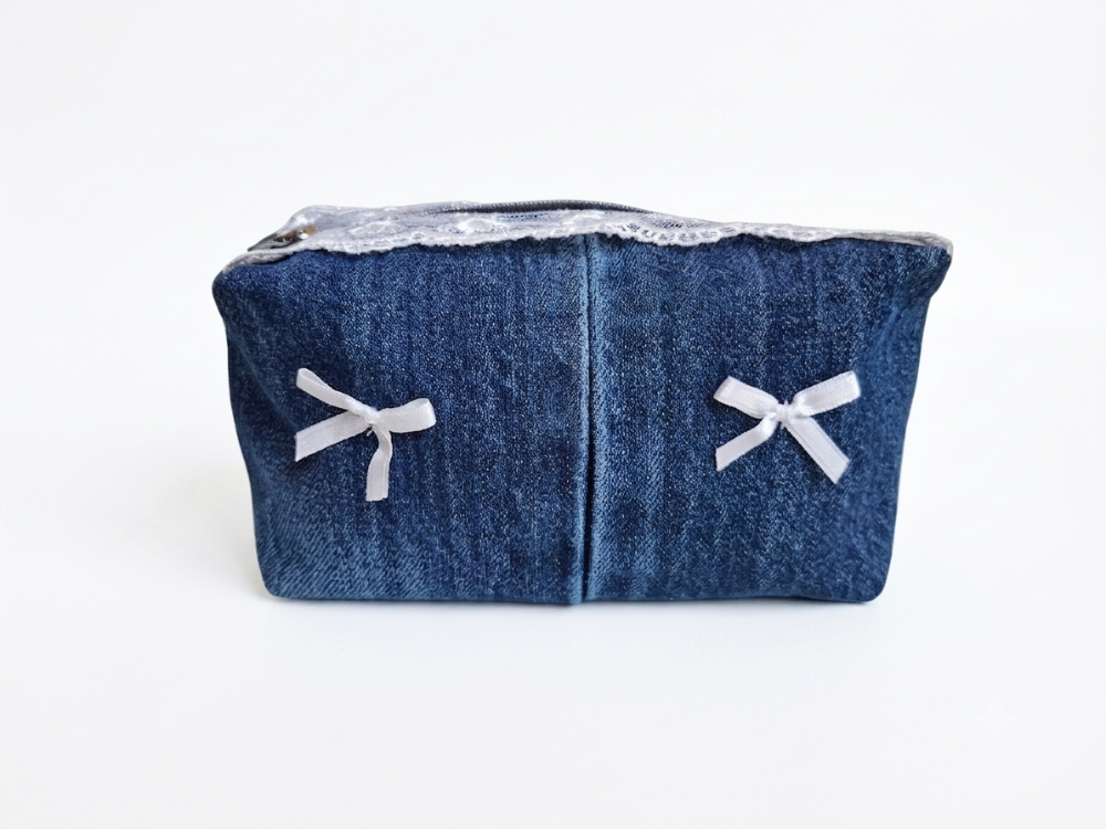CINY Denim Dantelli ve Fiyonklu Pinterest Makyaj Çantası TB041