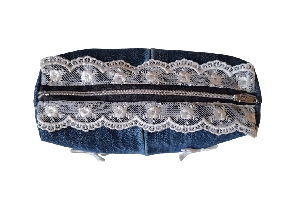 CINY Denim Dantelli ve Fiyonklu Pinterest Makyaj Çantası TB041