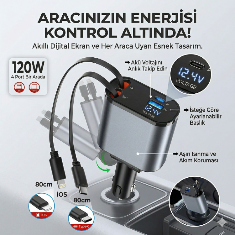 Tek Cihaz ile 4 Cihaz Şarj Edin - Hızlı Şarj - Makaralı Kablo Sistemi