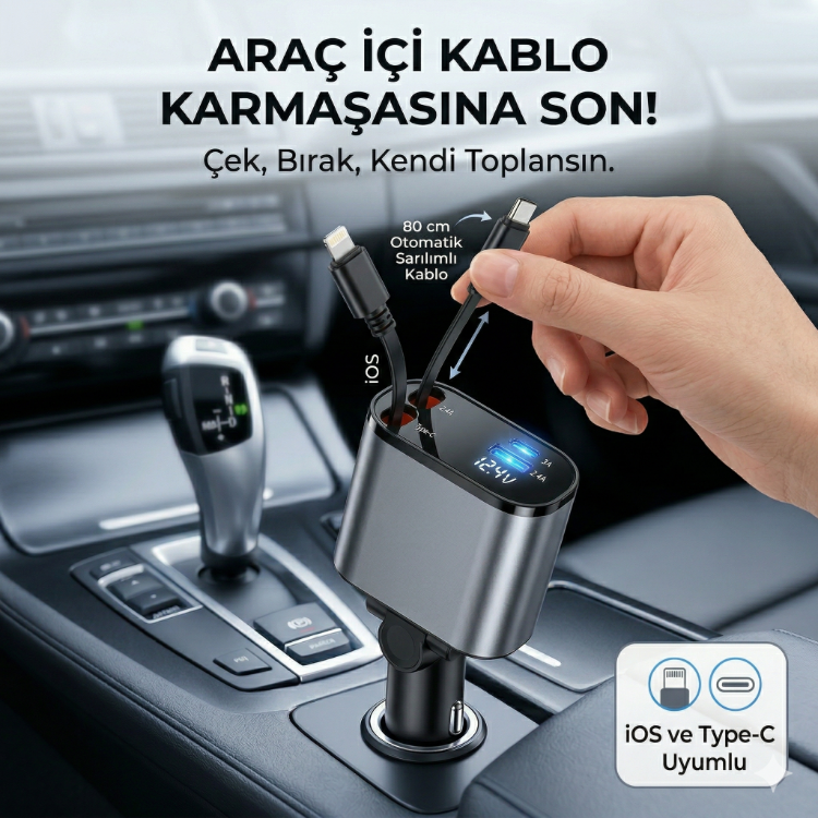 Tek Cihaz ile 4 Cihaz Şarj Edin - Hızlı Şarj - Makaralı Kablo Sistemi