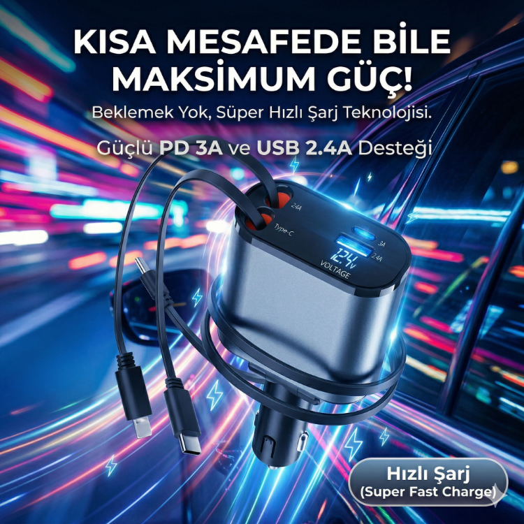 Tek Cihaz ile 4 Cihaz Şarj Edin - Hızlı Şarj - Makaralı Kablo Sistemi