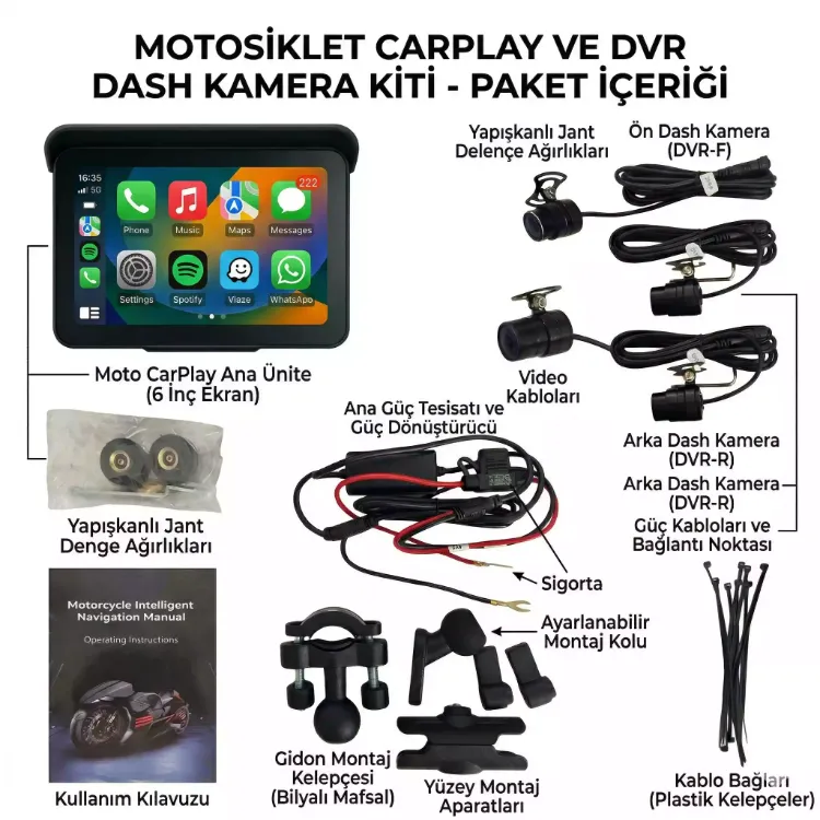 6 İnç Kablosuz 2 Kameralı CarPlay & Android Auto Multimedya Ekranı