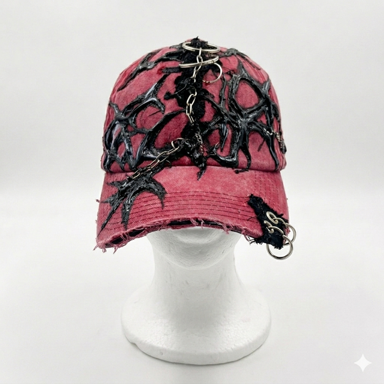 Red custom cap with chain detail.