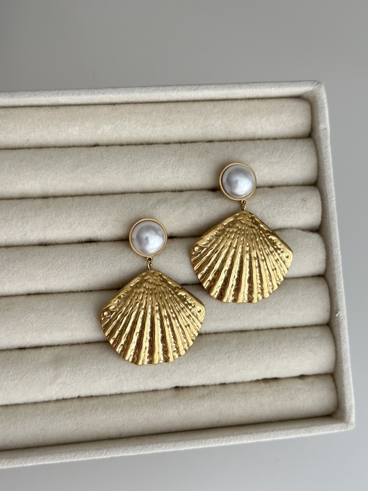 Shell Gold İnci Midye Küpe | Çelik