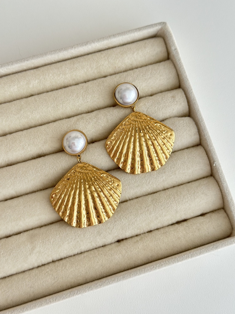 Shell Gold İnci Midye Küpe | Çelik