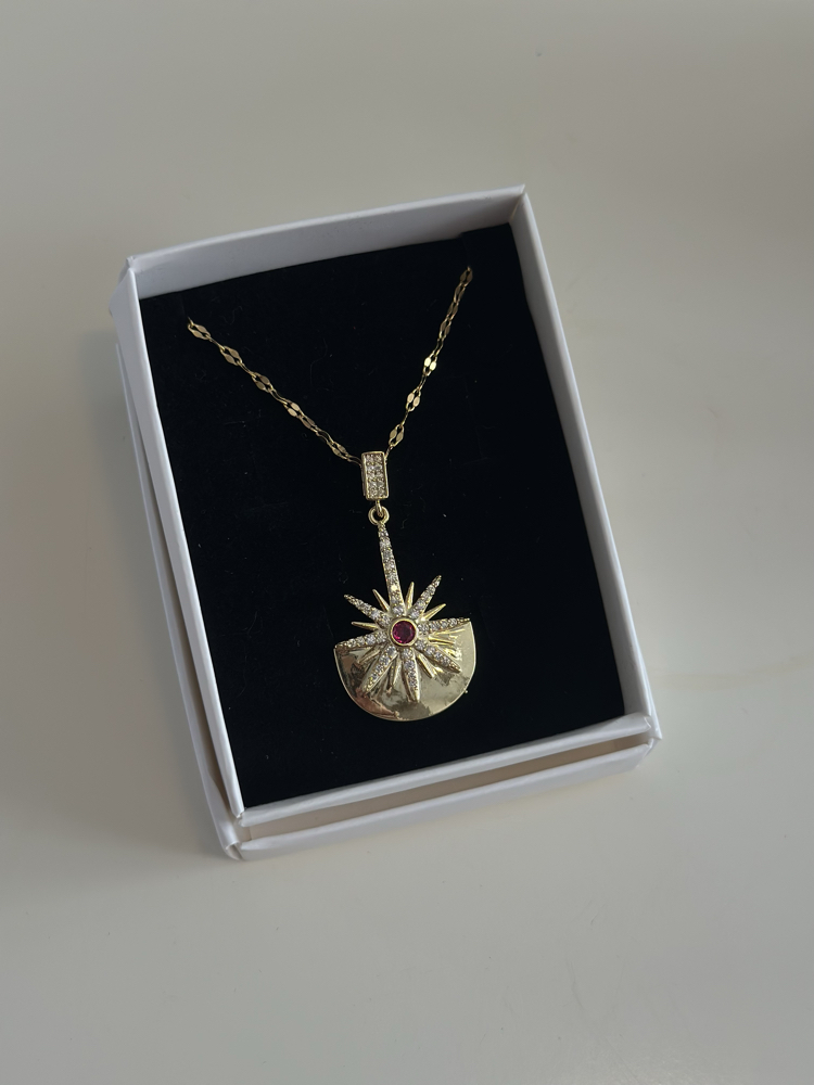 Bordo Taşlı Gold Kolye