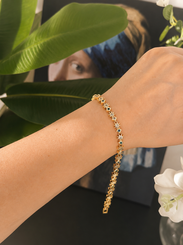 Altın Renk Minimal Renkli Taşlı Bileklik 14k