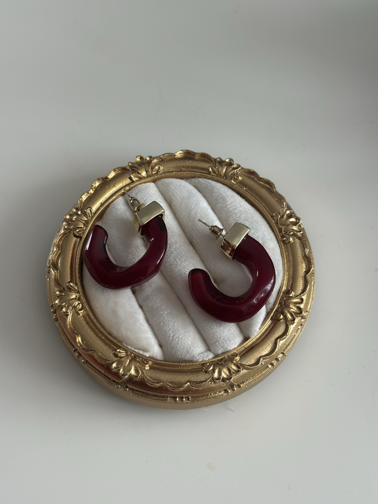 Bordo Gold Yarım Halka Küpe