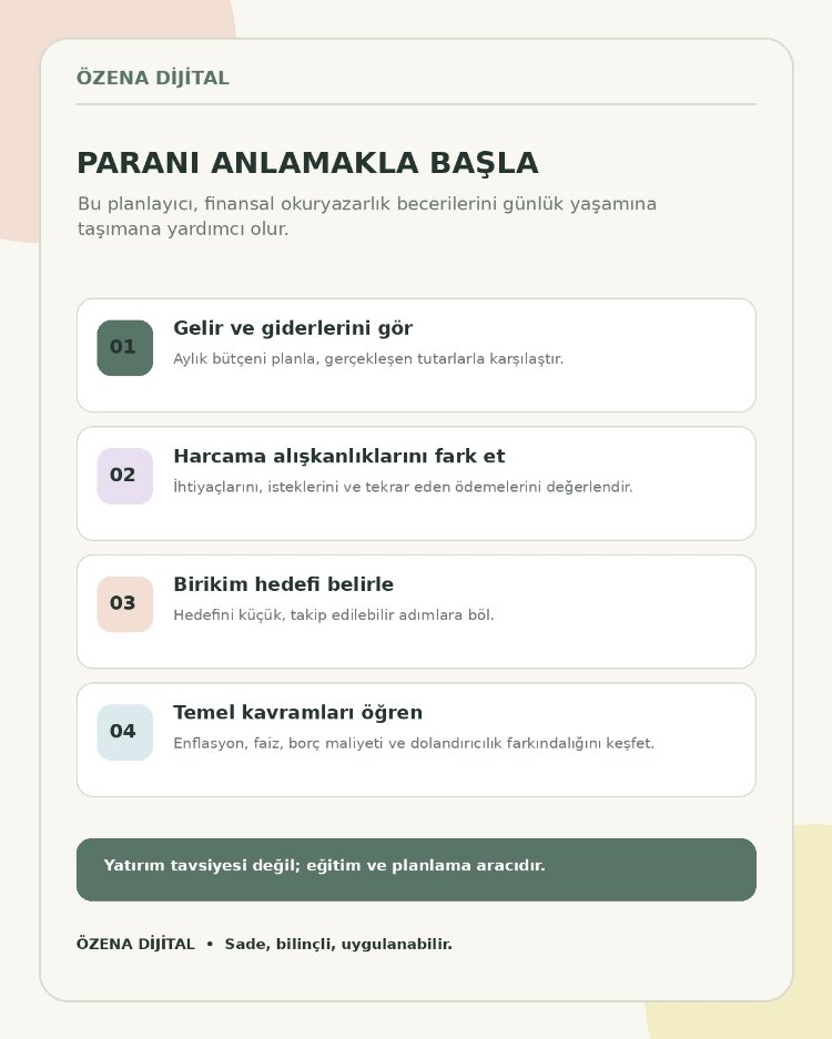 Finansal Okuryazarlık ve Aylık Bütçe Planlayıcısı PDF | ÖZENA DİJİTAL