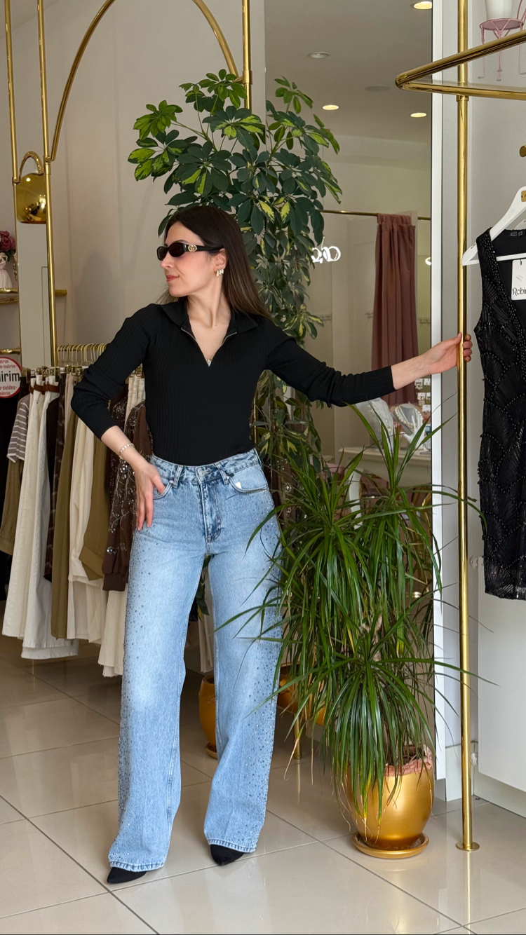 Yanları Taşlı Wide Leg Jean