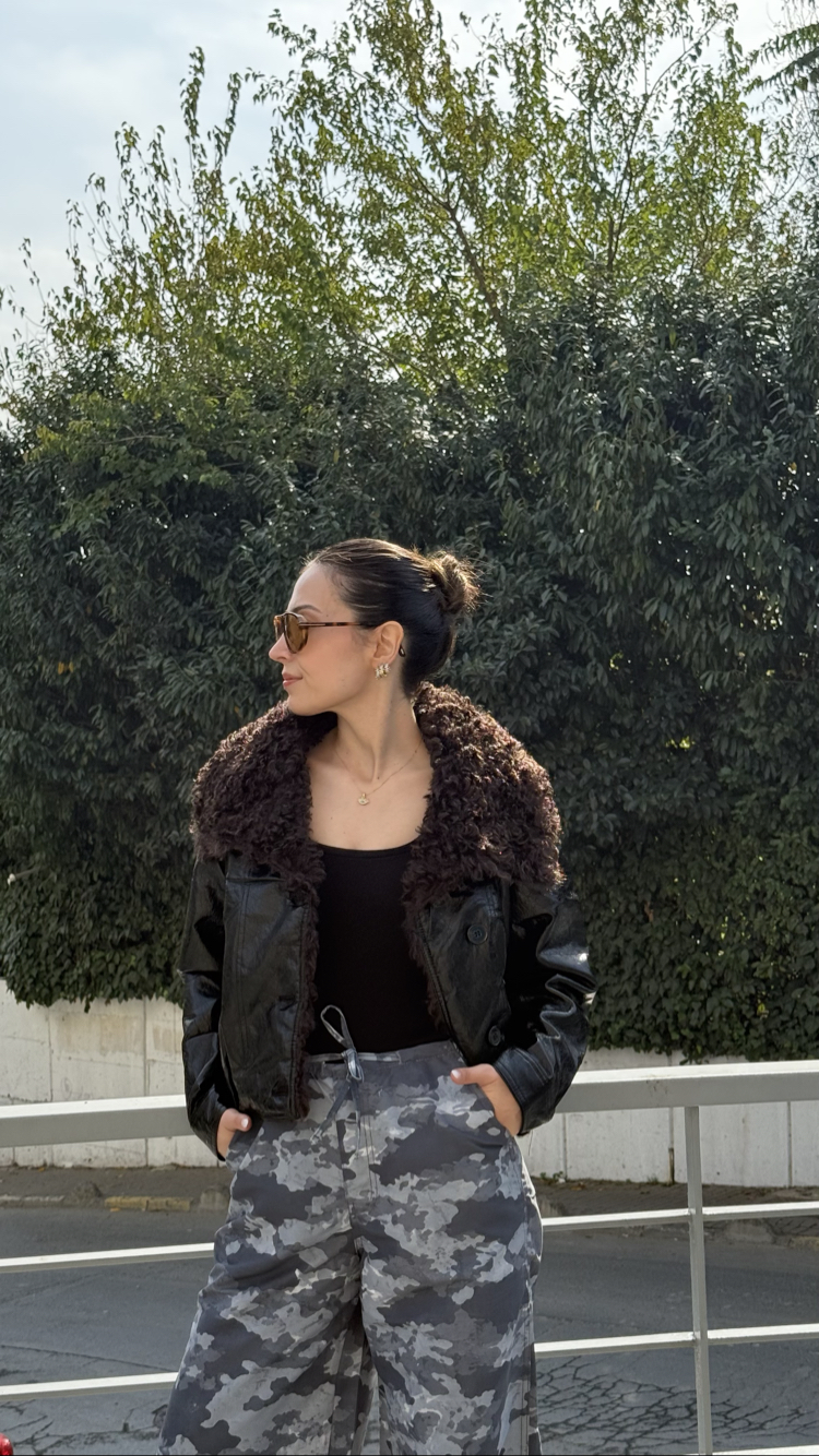 Yakası Kürklü Acı Kahve Suni Deri Ceket