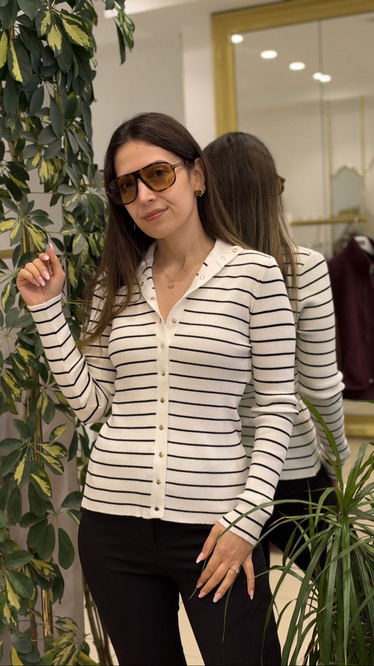 Çıtçıtlı Çizgili Ekru Hırka