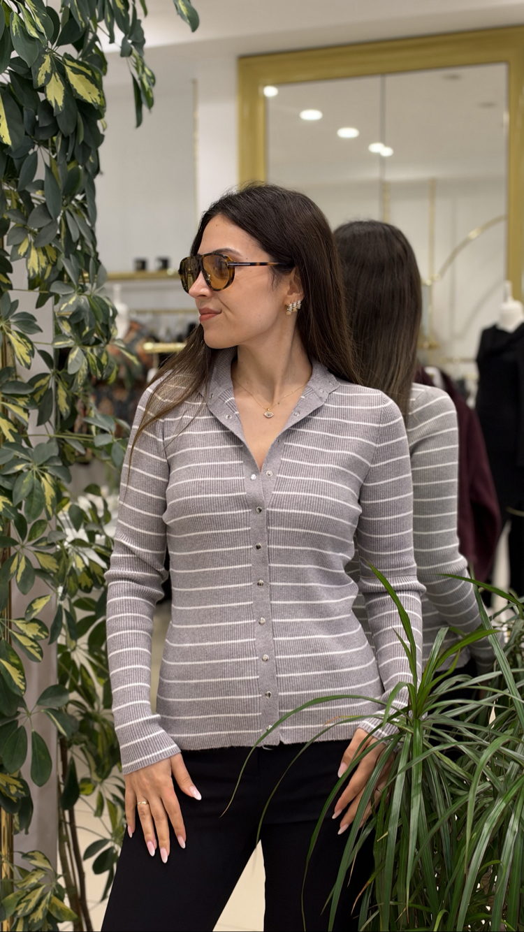 Çıtçıtlı Çizgili Gri Hırka