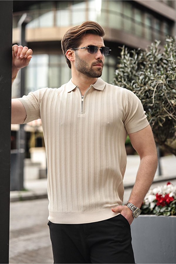 TAŞ Yarım Fermuarlı Polo Yaka Erkek Triko Tişört E7458