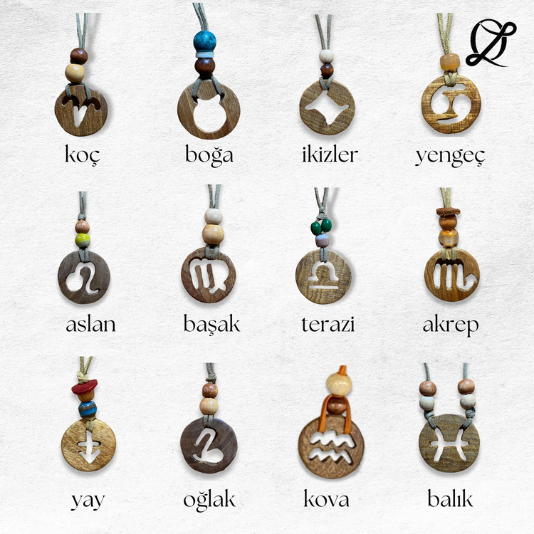 El Yapımı Ahşap Oyma Burç Kolye