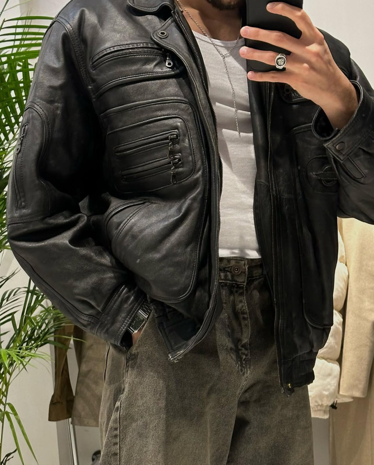Vintage Oversize Bomber Deri Mont