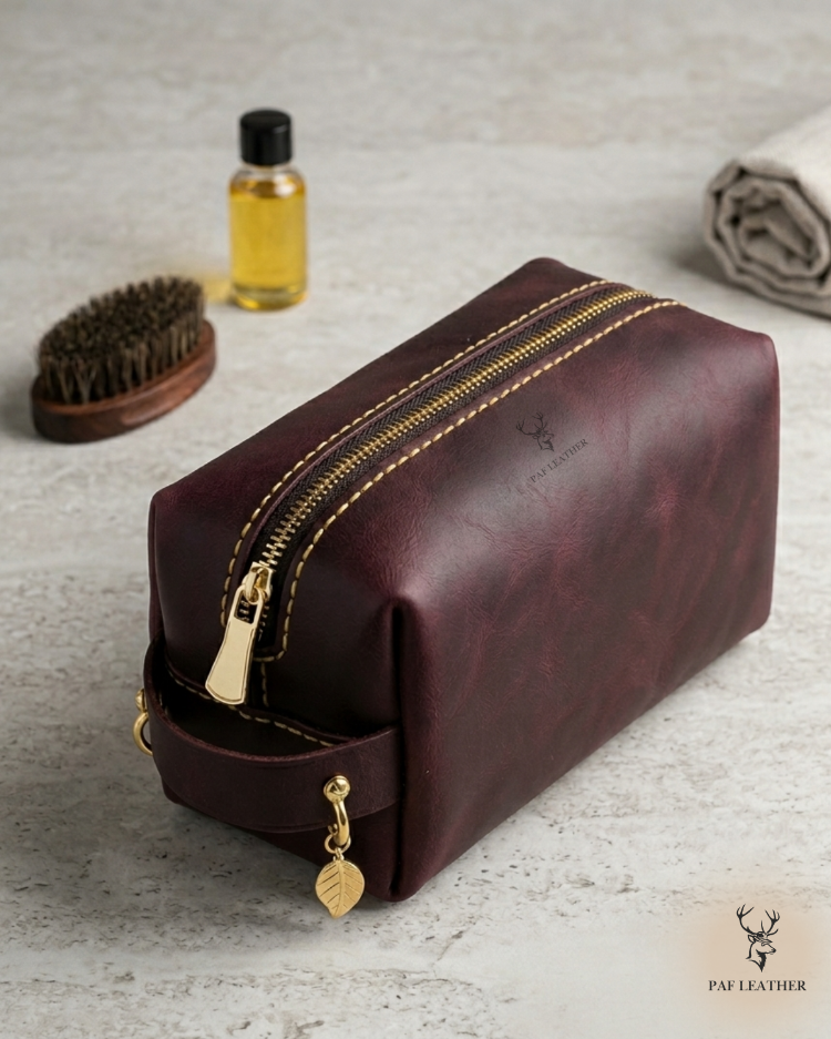 El Yapımı Hakiki Deri Bordo Fermuarlı Mini Çanta / Organizer