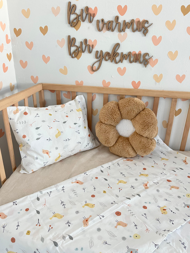 %100 Pamuklu Kumaş Minik Kuşlar Bebek Nevresim Takımı