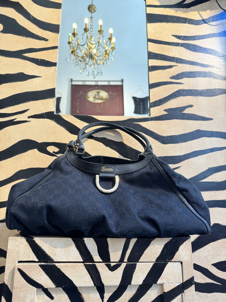 Gucci Black GG Canvas Large D-Ring Hobo Bag