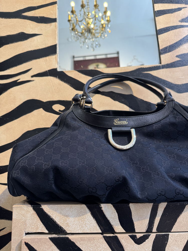 Gucci Black GG Canvas Large D-Ring Hobo Bag