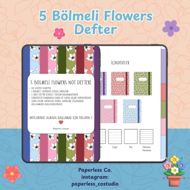 5 Bölmeli Flowers Not Defteri (Dijital Ürün)