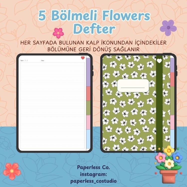 5 Bölmeli Flowers Not Defteri (Dijital Ürün)