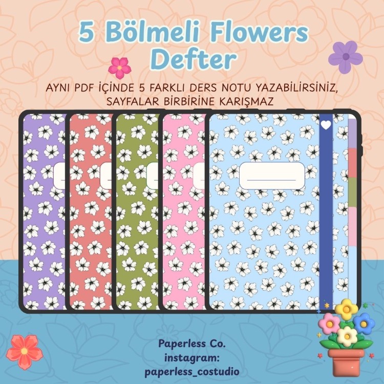 5 Bölmeli Flowers Not Defteri (Dijital Ürün)