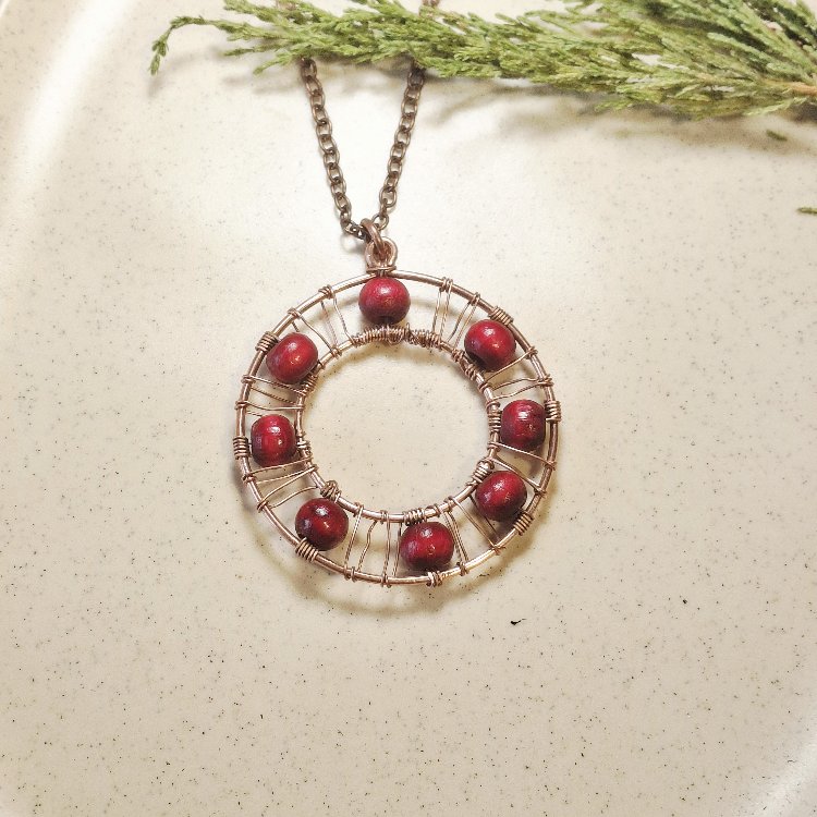 PH179 Bakır Ahşap Boncuklu Halka Kolye