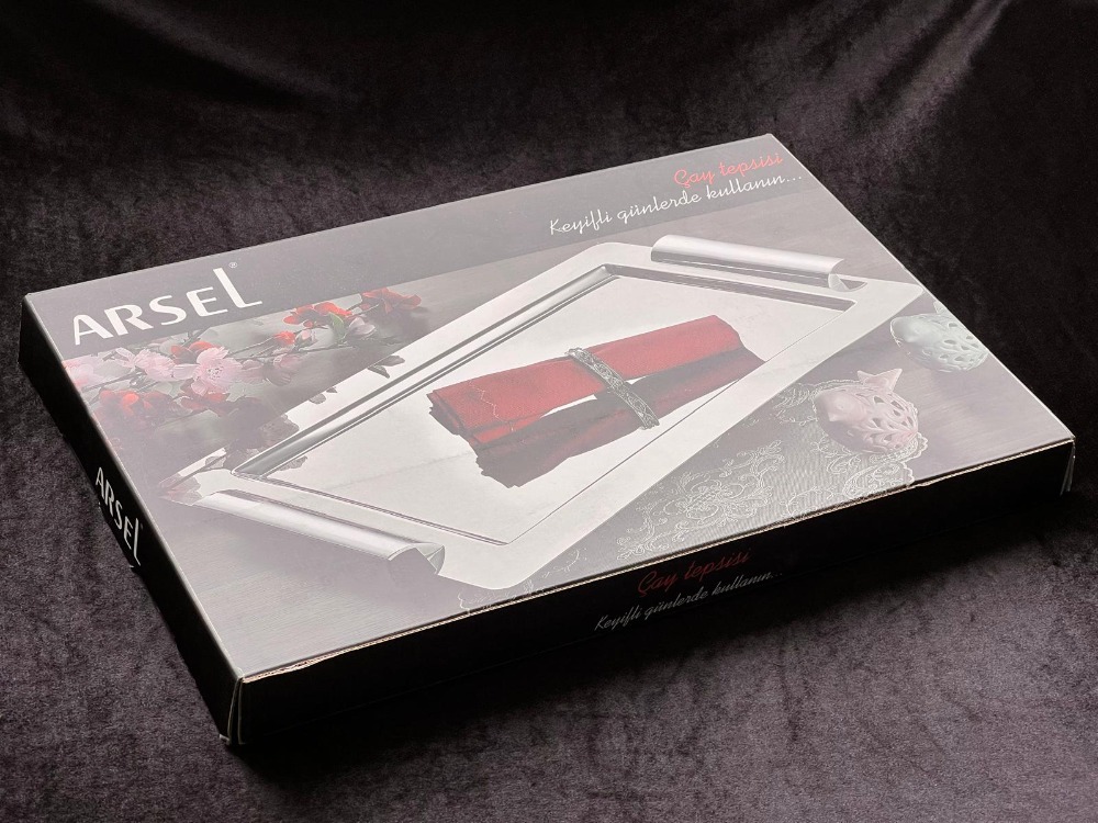 Arsel Asya Platin Desenli Çay Tepsi Premium 304 Paslanmaz Çelik