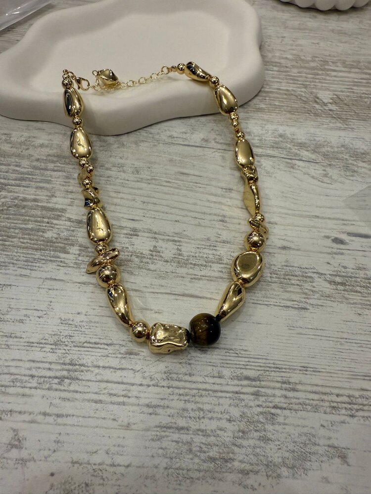Altın Kaplama Asimetrik Gold Taşlı Kaplan Gözü Kolye
