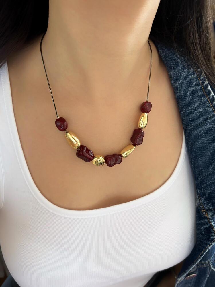 Bordo & Altın Tonlu Doğal Form Kolye