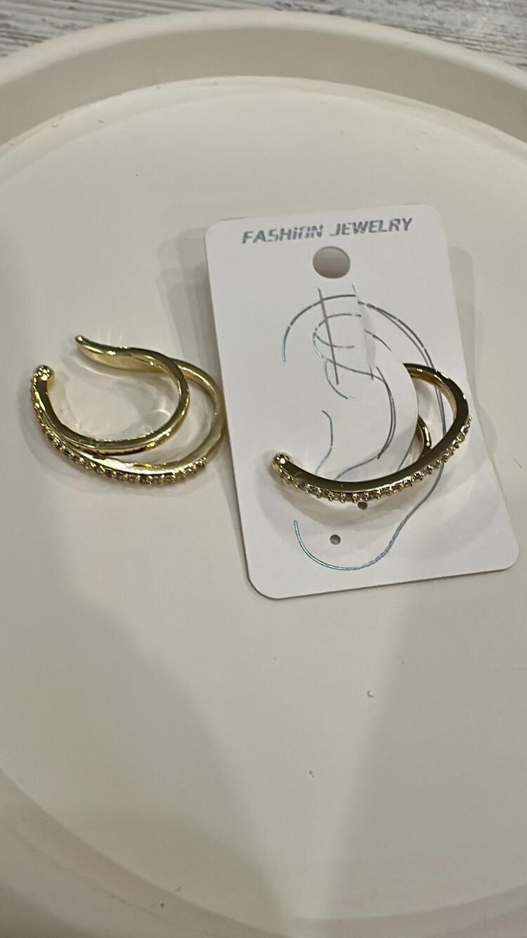 Çift Şerit Taş Detaylı Gold Kıkırdak Küpe (Ear Cuff)