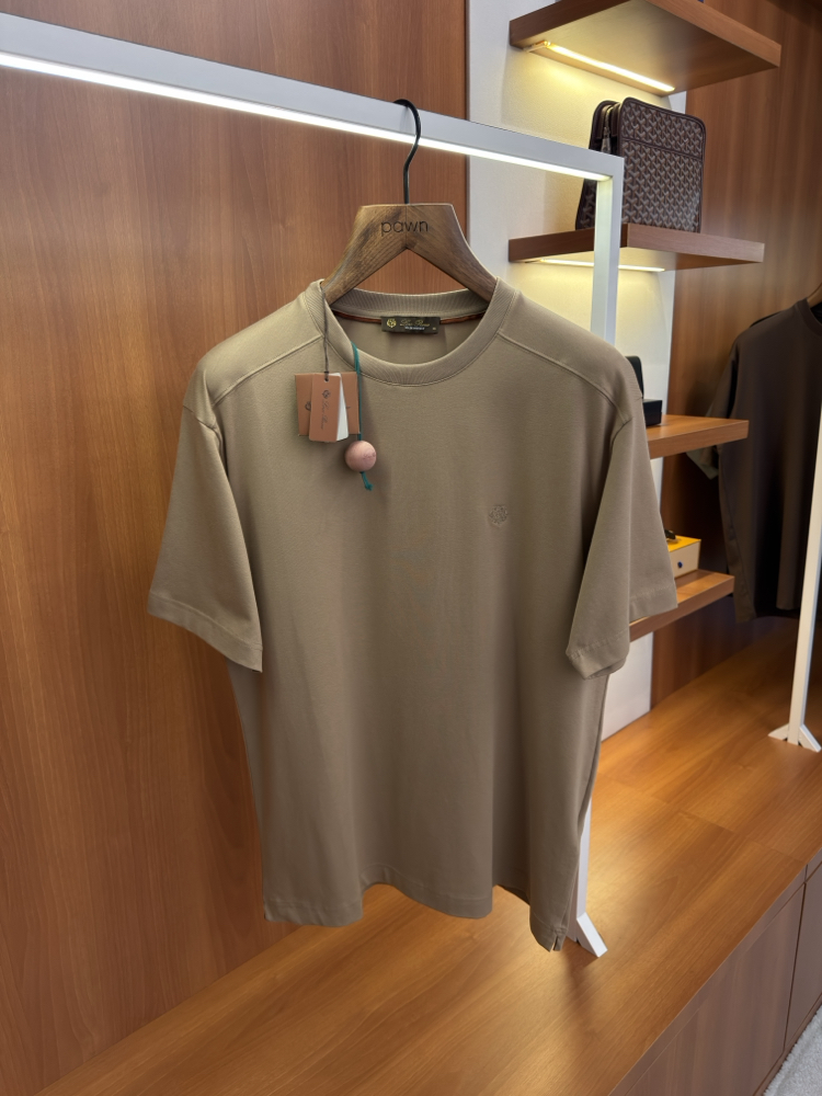 Loro Piana Merserize Kumaş Süt Kahverengi Logo Nakışlı T-shirt